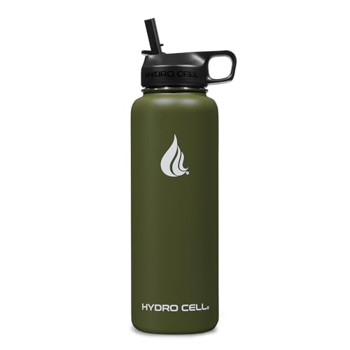 HYDRO CELL Stainless Steel Water Bottle w/Straw & Wide Mouth Lids (40oz 32oz 24oz 18oz) - Keeps Liquids Hot or Cold with Double Wall Vacuum Insulated Sweat Proof Sport Design (Army 40 oz)