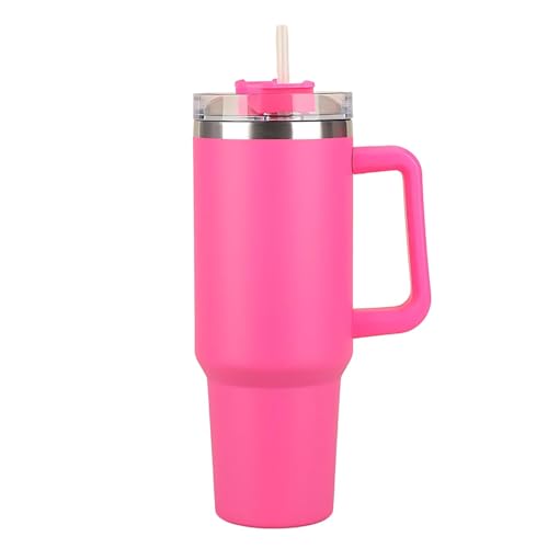Image of Large Capacity Insulated Steel Tumbler with Handle and Straw Lid Dark Pink 1200 ML Hot Cold Travel Mug for Office Car Gym