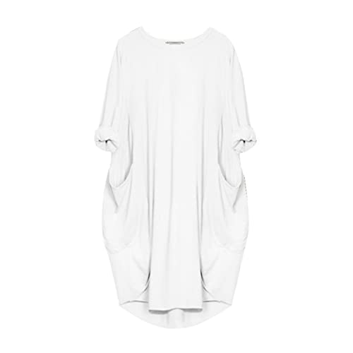 Qiribati Vestido feminino plus size manga longa midi vestido gola redonda casual com bolsos, Branco,