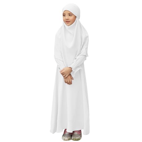 IDOPIP Muslim Dress for Girls Islamic Prayer Abaya Smocked Long Sleeve Kaftan Robe Dresses with Hijab Ramadan Dubai Outfits