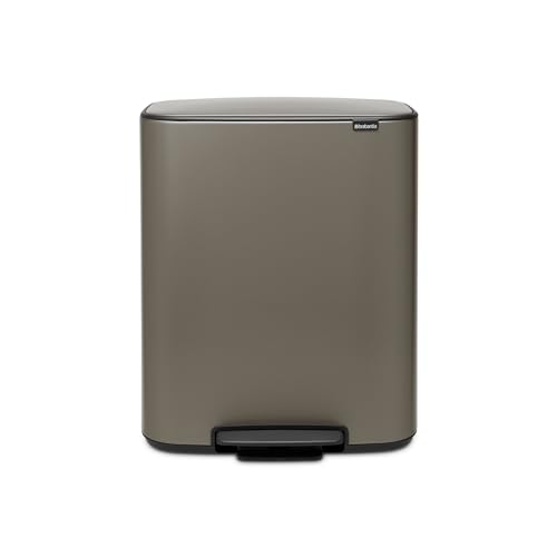 Image of Brabantia Bo Step-On Kitchen Trash Can with Single Compartment | Platinum | 16 Gal Inner Bucket | Soft-Close Garbage Can, Light Pedal Operation, Stay-Open Lid | Fits Against Wall | + Trash Bags