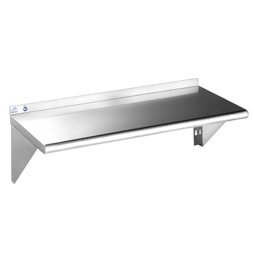 ROCKPOINT Stainless Steel Shelf 14 x 36 Inches 300lb, NSF Metal Commercial Shelves Wall Mount Floating Shelving with Backsplash for Restaurant, Kitchen, Home and Hotel, Silver