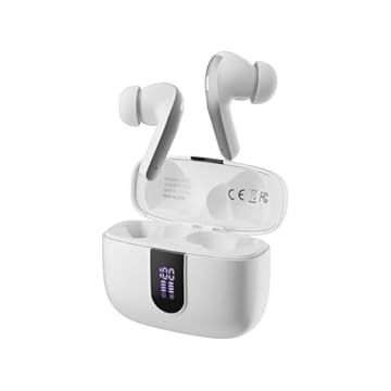 Basike Fone de Ouvido Sem Fio Bluetooth, 40H de Reprodução com Display LED, Intra-Auricular, Cancelamento de Ruído, IPX5, 3 Tamanhos Tampões Ouvido Intercambiáveis, Som Estéreo (Branco)