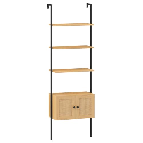 GOPLUS Estantería de Pared con 3 Niveles, Estantería de Escalera Alta con Baldas y Gabinete de Almacenamiento de Ratán PE, Organizador de Pared con Marco de Metal para Salón, Dormitorio, 60x31,5x184cm
