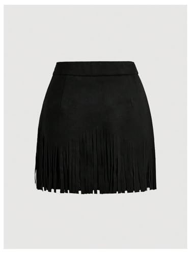 SHENHE Women's Plus Size Faux Suede Fringe High Waisted Rivet Studded Western Hippie Skirt2