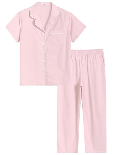 Latuza Women's Petite Cotton Poplin Pajamas Set Petite Size Pants L Light Pink