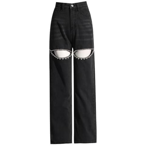 lovecarnation Cut Out Jeans for Women Straight Leg High Waisted Ripped Rhinestone Pearl Beaded Denim Pants 640161 Black XL Cover