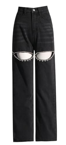 Cut Out Jeans for Women Straight Leg High Waisted Ripped Rhinestone Pearl Beaded Denim Pants