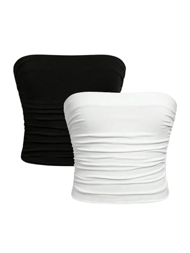Milumia Girl's 2 Pack Tube Top Ruched Strapless Sleeveless Basic Casual Cute Bandeau Tops