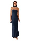 keosin Navy Blue Strapless Bridesmaid Dresses with Scarf Mermaid Prom Dress Sleeveless Corset Wedding Evening Gowns US4