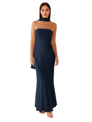 keosin Navy Blue Strapless Bridesmaid Dresses with Scarf Mermaid Prom Dress Sleeveless Corset Wedding Evening Gowns US4