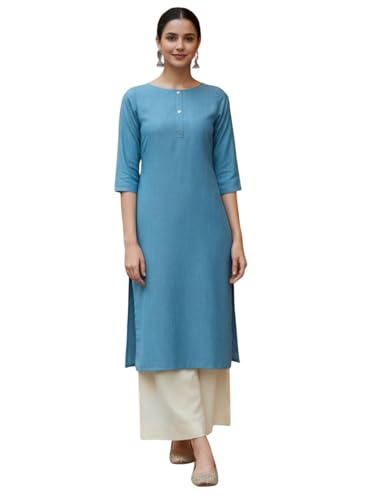 Image of Saanjh Women's Fit Straight Cotton Blend Long Kurta, 3 /4 Sleeve, Knee Length Kurtis, Casual and Office Wear