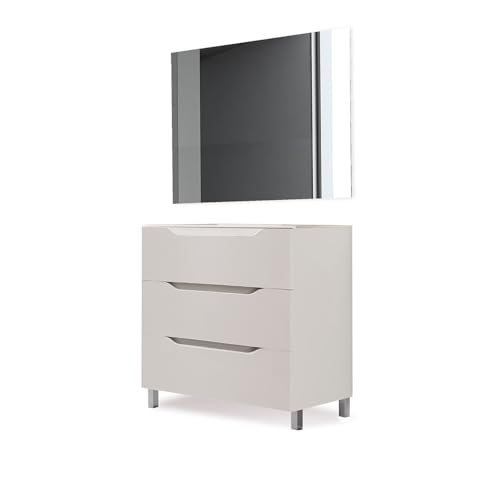 Mueble de Baño Moderno con Lavabo Modelo Atka 3 Cajones con Patas | Alto 82 cm | Profundidad 45 cm (Lacado Blanco Brillo, 60 cm Ancho)