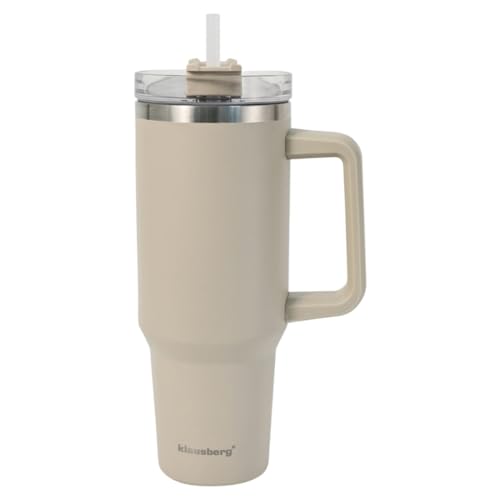 Klausberg Gobelet isotherme en acier avec paille et poignée pratique - Grand format - Pour l'eau - 1100 ml - Beige