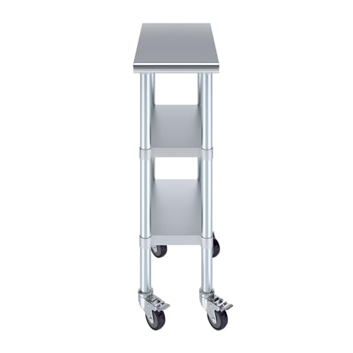 Image of AmGood Stainless Steel Work Table with 2 Shelves and Casters | Metal Utility Table On Wheels (Stainless Steel Work Table with 2 Shelves + Casters, 12 inch Long x 24 inch Deep)