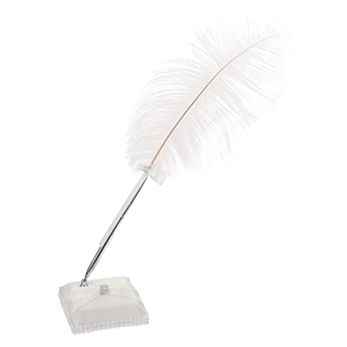Stylo de signature mariage en plume d'autruche blanche avec socle pivotant élégant