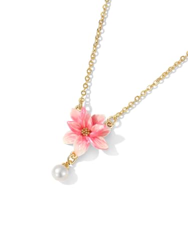 Magnolia Pink Flower And Pearl Enamel Pendant Necklace Handmade Jewelry Gift Juicy Grape2