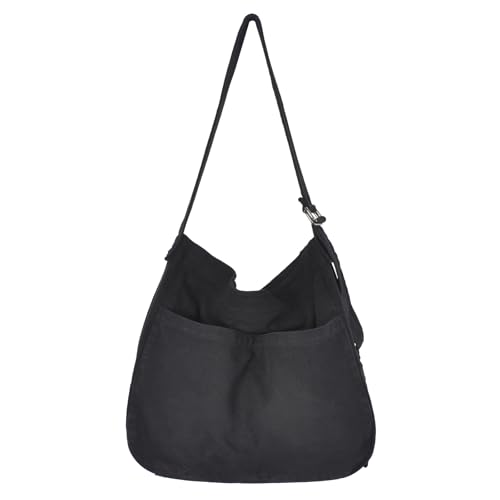 SAVOSWEET Shopper Tasche Stoff, Schultertasche Canvas, Umhängetasche Unisex Groß mit Reißverschluss Schwarz, Einkaufstasche Faltbar, Leinwand Handtasche für Büro Schule Reisen Einkaufen