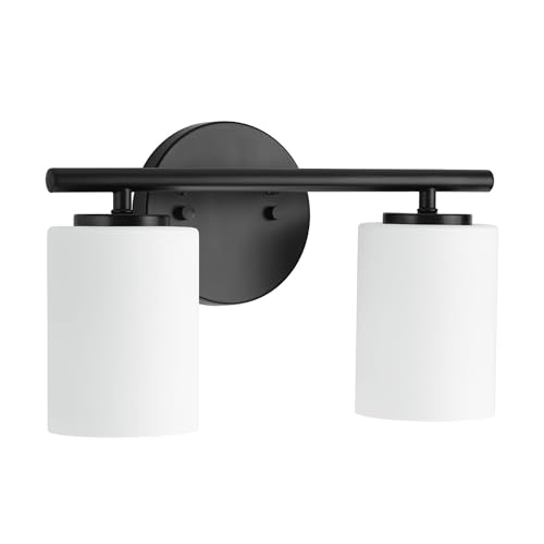 Image of Progress Lighting 2-Light Bathroom Vanity Light, Modern Bath Lighting Fixture with Etched White Glass Shades for Over the Mirror, Reversible Mounting, Replay Collection, Textured Black