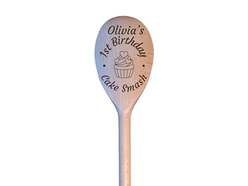 LunaTastic Gifts Personalised Name Date Cake Smash Wooden Spoon Gift - Engraved 1st Birthday Celebration Photo Prop - Keepsake Memory Present for Baby Boy Girl - 30cm Long - Cupcake