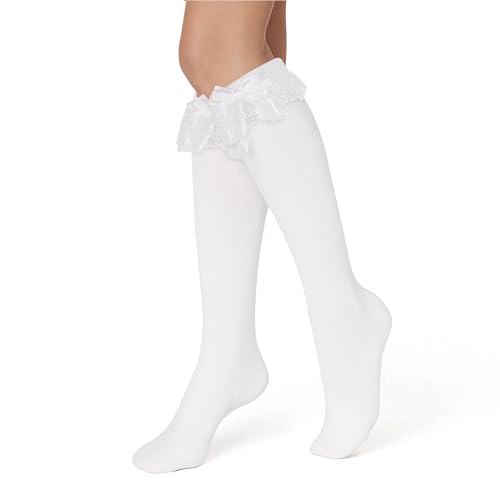 Lusofie Lolita Socken Weiß Mädchen Süße Spitze Socken mit Rüschen Damen Gekräuselte Schleife Kniehohe Socken mit Schleife Mädchen Prinzessin Loli Rüschensocken Weiße Schleife Kniestrümpfe Kinder