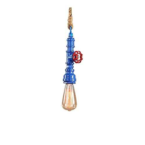 Lámpara colgante de tubo de agua vintage azul con cuerda de cáñamo retro para techo