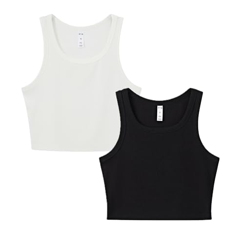 ARRIA Ribbed Crop Tank Top for Women – Soft Slim Fit Scoop Neck Sleeveless Shirt, Fitted Basic Cute Summer Tops 2025, Stretchy Casual Everyday Tank (2 Pack, Black/White, Small) by ARRIA - Used condition - US$14.20