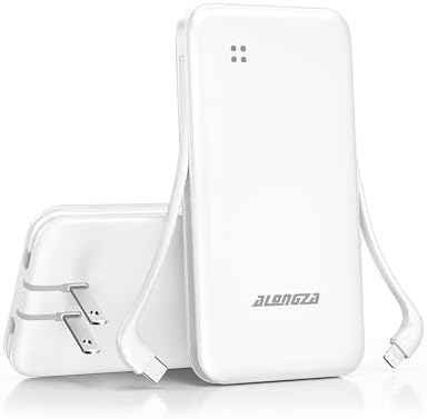 Alongza Portable Charger Built-in Cables and AC Wall Plug, Slim Fast Charging Power Bank 10000mAh, Lightweight USB C External Battery Pack Compact Travel Cell Phone Charger