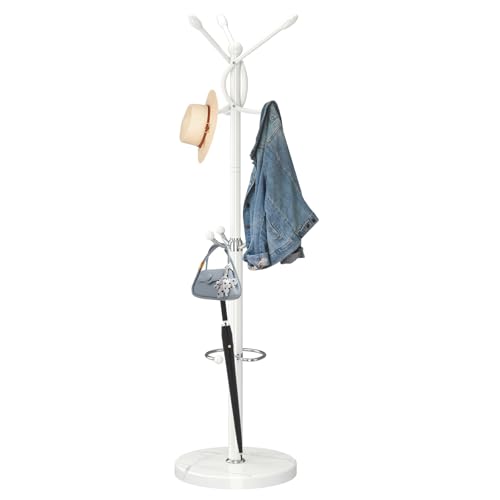 ZOZOE Metal Coat Rack Stand, Modern Coat Rack Freestanding with Natural Marble Base, Sturdy Coat Racks with 10 Hooks & Umbrella Holder,White Coat Tree Hanger Stand for Bags,Hats,Entryway,Office