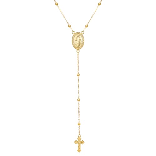 NORBU 925 Sterling Silver Rosary Bead Cross Y Necklace for Women with Miraculous Medal, Mother Mary Necklace Christian Jewelry Religious Gift for Her