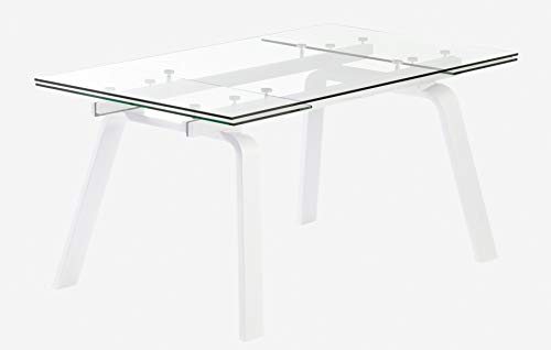 Camino a casa | Mesa de Comedor Extensible Moon - Estructura y Patas de Hierro Pintado de Color Blanco. Tapa de Cristal Templado Transparente de 10 mm de Grosor | Transparente