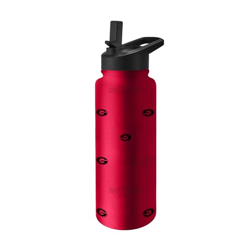Image of Logo Brands NCAA Georgia Bulldogs Step & Repeat 34 oz Stainless Steel Quencher Bottle - All Over Logo Design, No-Spill Lid, Easy Carry Handle - Keeps Drinks Cold For Hours