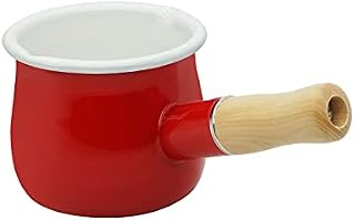Enamel Milk Pan, Mini Butter Warmer 10cm Enamelware Saucepan Pan Cookware with Wooden Handle, Perfect Size for Heating Smaller Liquid portions. (Red)