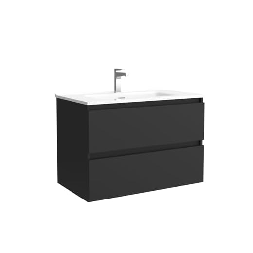 Salgar Mueble de baño Bequia 80 cm 100% montado de fábrica | Acabado Negro Mate suspendido 2 cajones Cierre amortiguado Apertura con uñero | Lavabo Porcelana Blanca | Marca