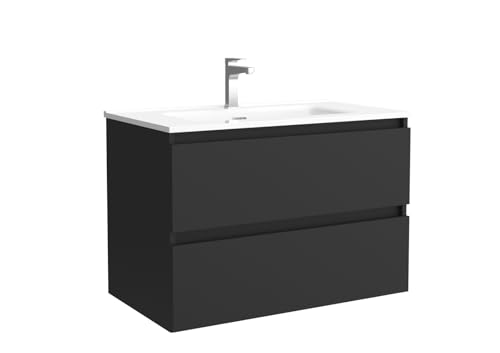 Salgar Mueble de baño Bequia 80 cm con Lavabo 100% montado de fábrica | Acabado Negro Mate suspendido 2 cajones Cierre amortiguado Apertura con uñero | Lavabo Porcelana Blanca | Marca