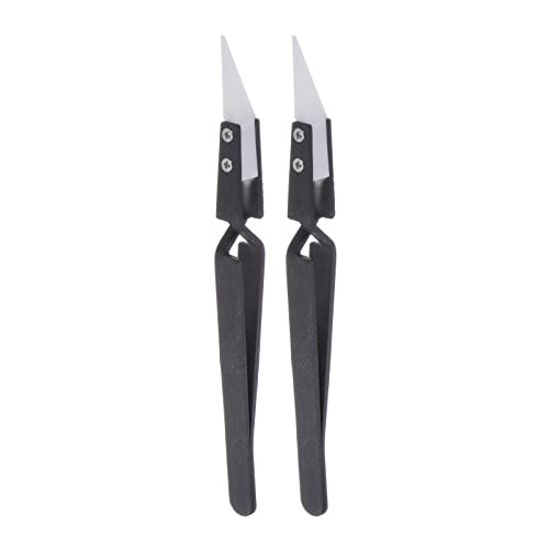 sourcing map 2pcs Precision Reverse Ceramic Tweezer 5.39x0.35 Tilted Head Tip Heat Resistant Non Conductive for Electronics Soldering Tool, Black
