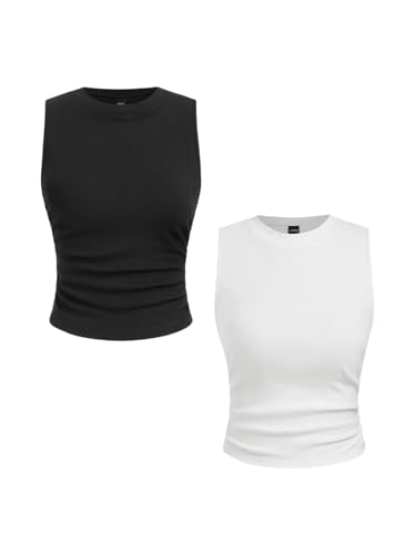 Image of CIDER Womens Tank Tops Sleeveless High Neck Ruched Crop Tops Going Out Casual Basic Ribbed Shirt Summer Fashion Clothing