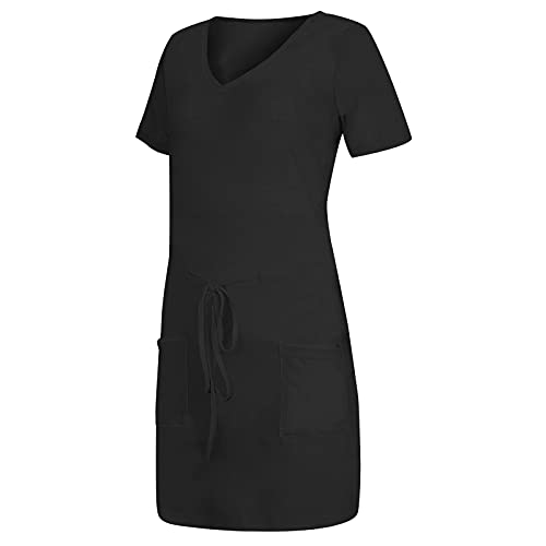 Summer Dresses For Women 2023 Beach, Body Con Dress Black Wrap Women's Long Dresses Casual Women's Solid Color Drawstring High Waist Short Sleeve Mini Dress Spring Cocktail Dresses (M, 1-Black) Huankd #TOP4
