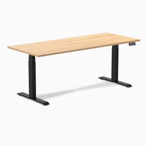 Image of Desky Electric Standing Desk, 70.9 inch Laminate Height Adjustable Sit Stand Desk, Dual Motor, 4 Memory Presets, Ergonomic Computer Workstation for Home Office - Sublime Teak Top and Matte Black Frame