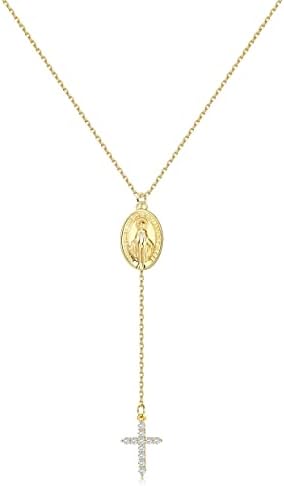 925 Sterling Silver Tiny Cross Necklace For Women Men 18K Gold Plated Religious Virgin Mary Pendant Necklace Jewelry Gift For Mom Grandma