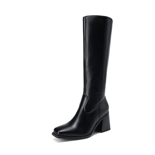 DREAM PAIRS Women's Knee High Boots Chunky Heel Square Toe Tall Boot for Women with Side Zipper,Size 8.5,Black,DWUMKB2509