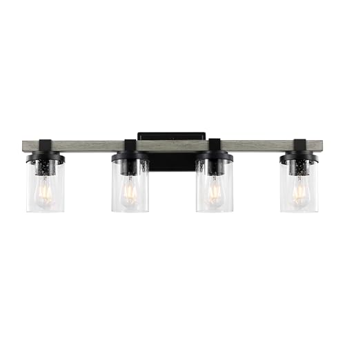 Image of JONATHAN Y 32" Black/Gray Oak Wood Finish LED Vanity Light, Rustic Farmhouse Sconce, Clear Seeded Glass Shade, Industrial Wall Lamp for Bathroom Mirror, Kitchen Sink, LED Bulb (JYL7510B)
