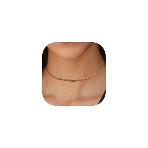 FindChic Stunning Choker Herringbone Chains for Women Stainless Steel 18K Gold/Rose Gold Plated Snake Chain Necklaces 3MM/5MM Width 12.5inch 15inch Adjustable, with Jewelry Box 3mm&rose gold