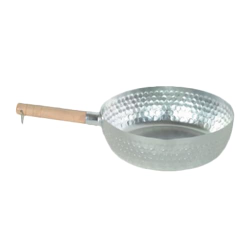 A-to-Z Supply ALSP004 Snow Flat Pan, 9" Dia. x 3"H, Flat Bottom, Studded with Round Imprint Sides, Wood Handle with a Built-in Hanging Loop, Aluminum