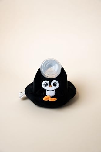 Image of Fuzzy Feeder Bottle Holder for Baby - Penguin - Promotes Motor Skill Development and Independence - Soft with Secure Adjustable Velcro Closure