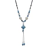 Zlanderah Boho Long Pendant Necklace, Bohemian Blue and White Ceramic Beads Y Necklace for Women Trendy, Hippie Summer Dress Clothes Jewelry Accessory Gifts Mom Wife Sisters