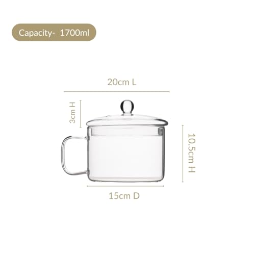 Image of Nestasia Borosilicate Glass Cooking Pot with Glass Lid (1700 ml) - Transparent Casserole with Air Vent Lid & Handle on Gas Stove | Microwave & Dishwasher Safe Durable Handi for Kitchen