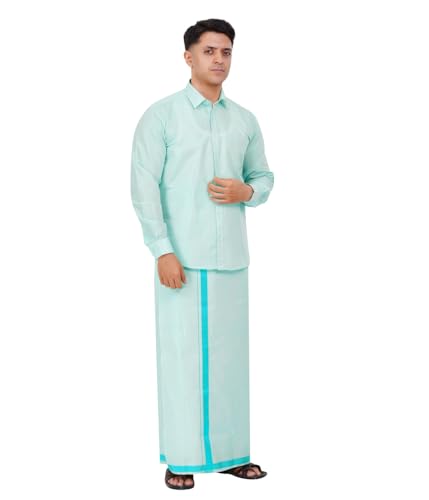 Image of Men's Traditional Indian Shirt and Dhoti Set, Full Sleeves Tissue Silk Cotton Shirt With Dhoti 2 metres for men