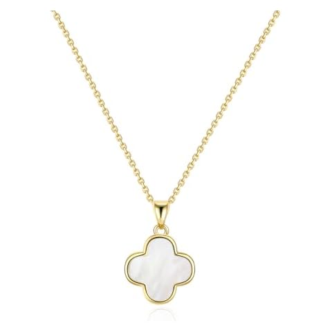 2 Side Four Leaf Clover Necklace for Women | Mother of Pearl Clover Pendant Necklace | Gold Plated Clover Necklace|14K Gold Plated Jewelry Gifts (Pearl white) Cover