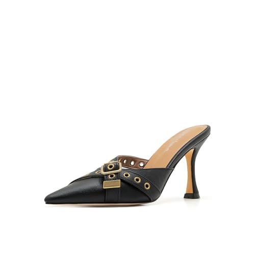 Women’s Black Leather Buckle Strap Mules Pointed Toe Studded Stiletto High Heel Slides Vintage Dressy Pumps2